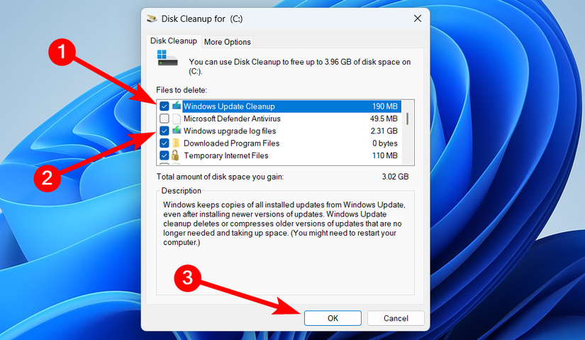 Excluindo arquivos de atualização do Windows com limpeza de disco no Windows.