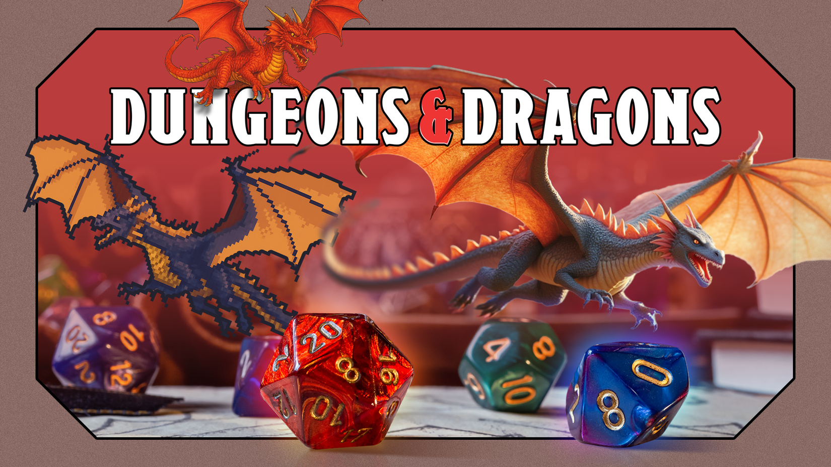 Dice on a table with dragons in retro pixel style and modern 3D style, highlighting the evolution of Dungeons & Dragons.