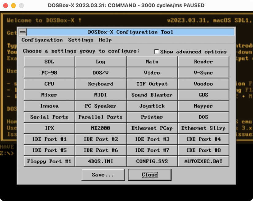 DOSBox-X com a ferramenta de configuração em exibição.