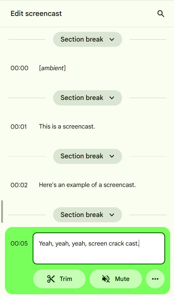 Editing the text of a transcript in a recording in the Screencast app.