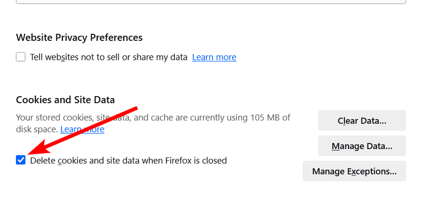 Enabling automatic cache clearing in Firefox.