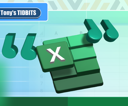 Excel logo with large double quote symbols floating above a spreadsheet background.