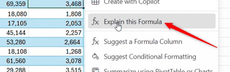 Explain This Formula is selected in the Excel in-cell Copilot menu.