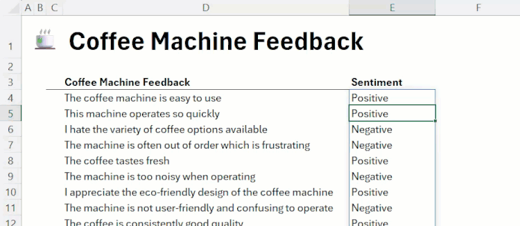 Feedback sentiment analysis in Excel, produced through the COPILOT function.