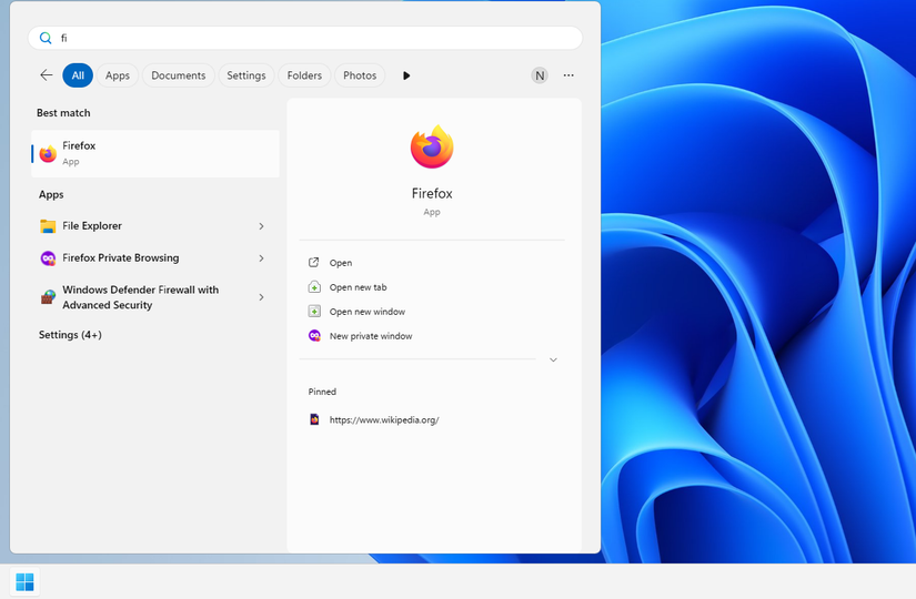 Searching for Firefox in the Start Menu. 