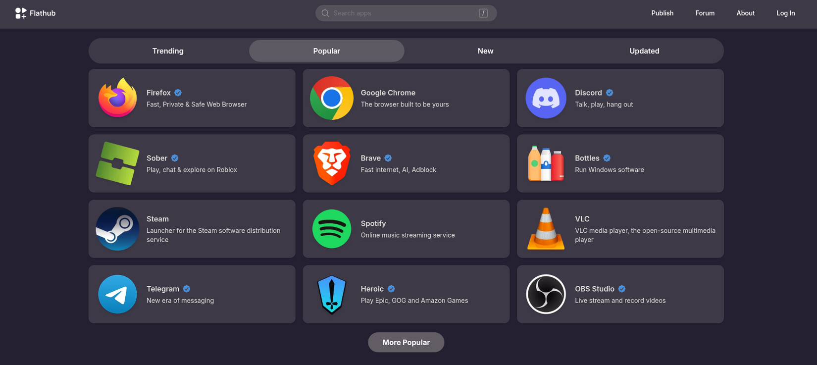 Flathub website showing the most popular apps available to install.