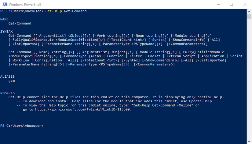 Get-Help and Get-Command in Windows PowerShell.