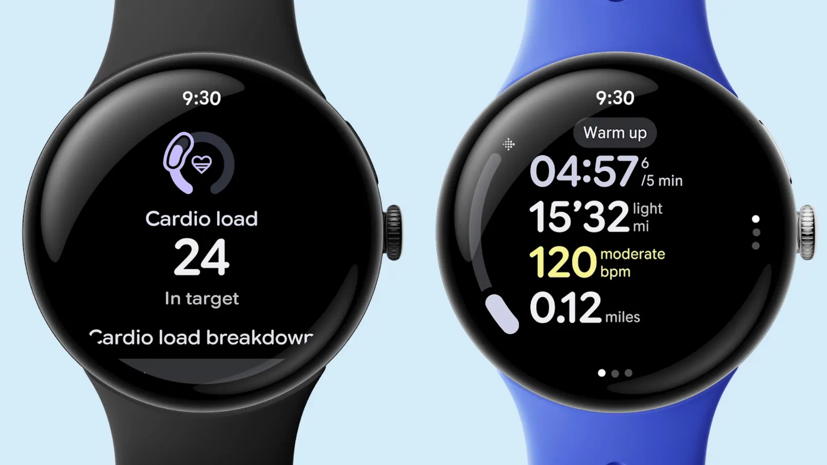 Screenshots of the Google Pixel Watch 4's health tracking features.