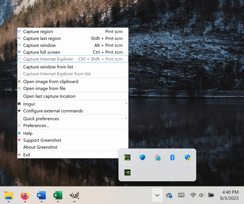 A screenshot of the windows homepage, with the Greenshot application open showing the context menu.