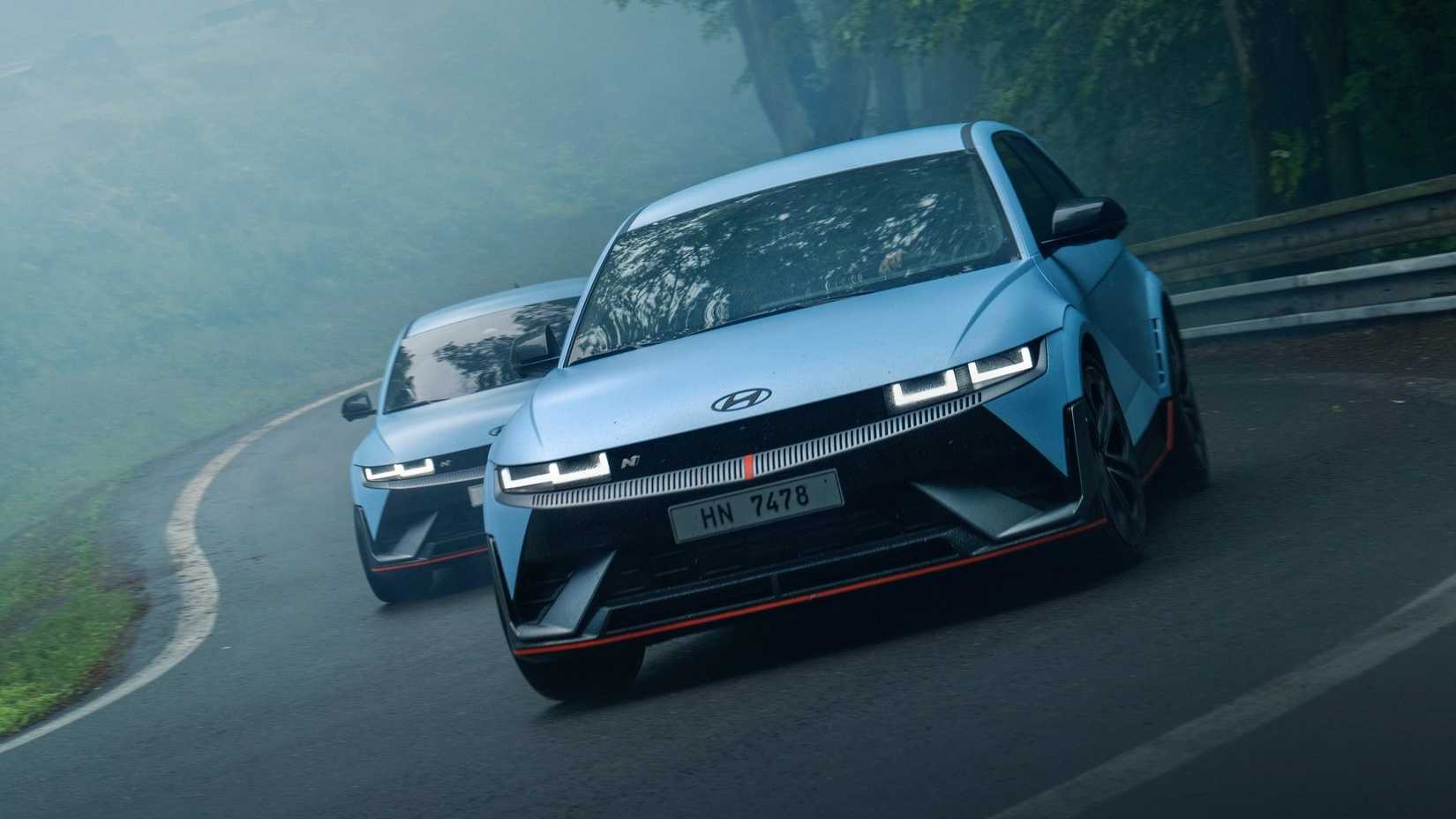 Front 3/4 action shot of a 2025 Hyundai Ioniq 5 N
