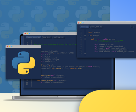 Illustration of a laptop displaying Python code, with floating code windows and the Python logo on a blue patterned background.