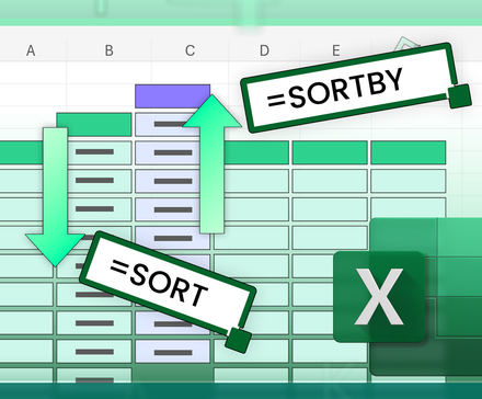 Illustration of a Microsoft Excel spreadsheet showing two columns being sorted, with labels for the '=SORT' and '=SORTBY' functions, alongside the Excel logo.