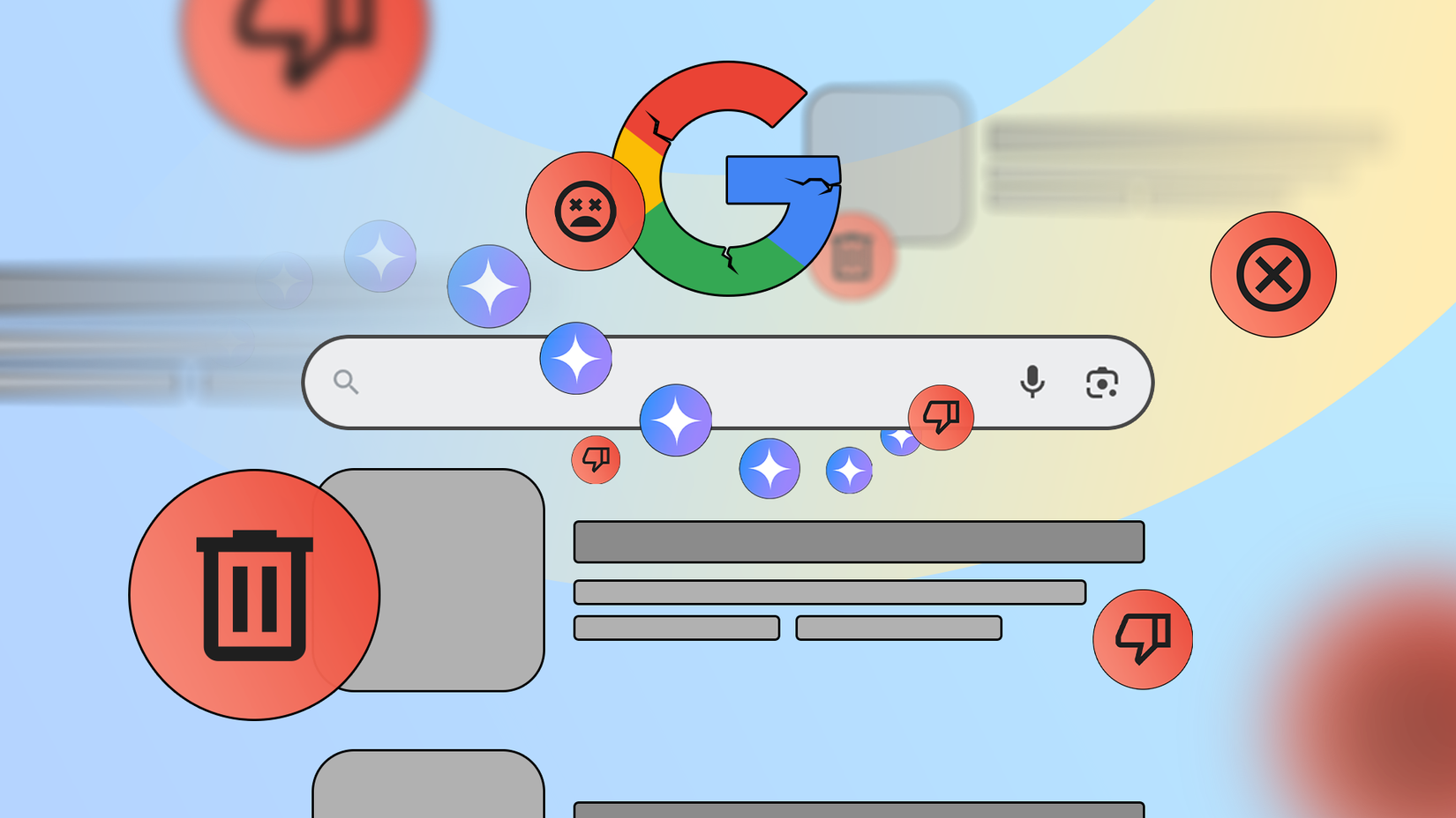 Illustration of Google search results cluttered with icons like trash bins, thumbs down, and warning signs, with a cracked Google logo above the search bar.
