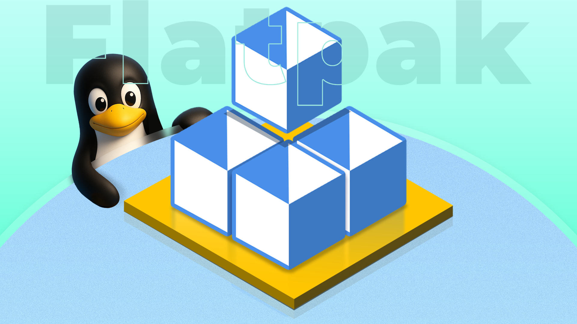 Illustration de Tux, la mascotte Linux, à côté du logo Flatpak composé de cubes bleus et blancs sur fond jaune, avec le mot Flatpak en arrière-plan.
