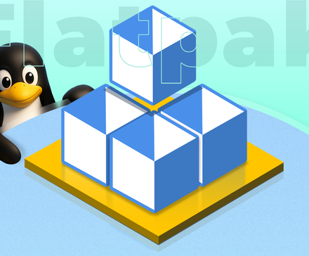 Illustration of Tux, the Linux mascot, beside the Flatpak logo made of blue and white cubes on a yellow base, with the word Flatpak in the background.