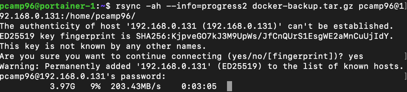 Using rsync to move files from one server to another while showing the progress and speed.