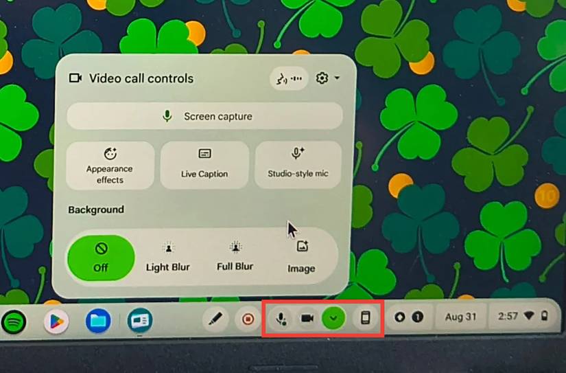 Highlighting the camera and microphone settings when using the Screencast app on a Chromebook.