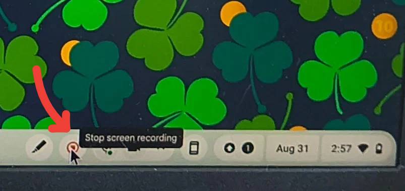 Highlighting the "Stop screen recording" button when using the Screencast app on a Chromebook.