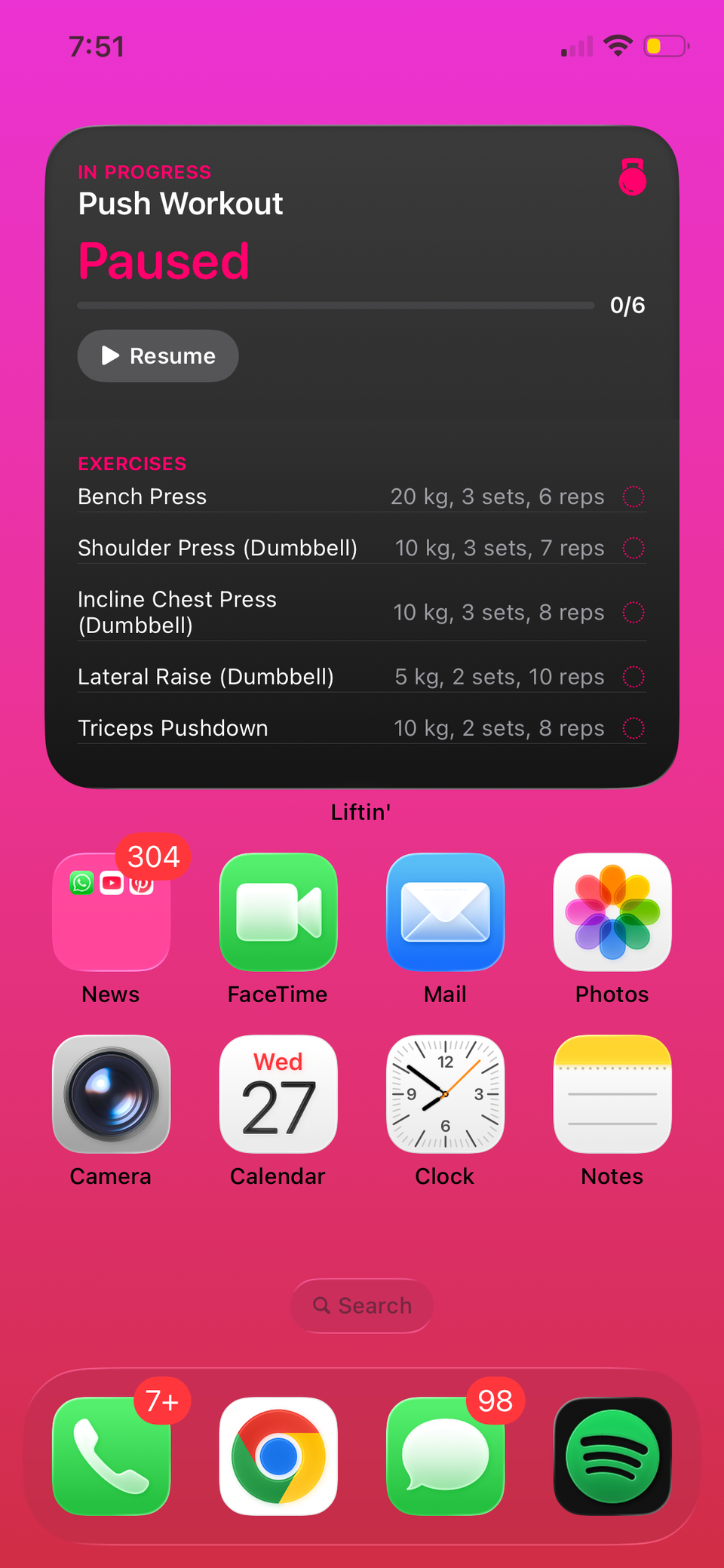 Using the large Liftin interface element to track the exercise session. 