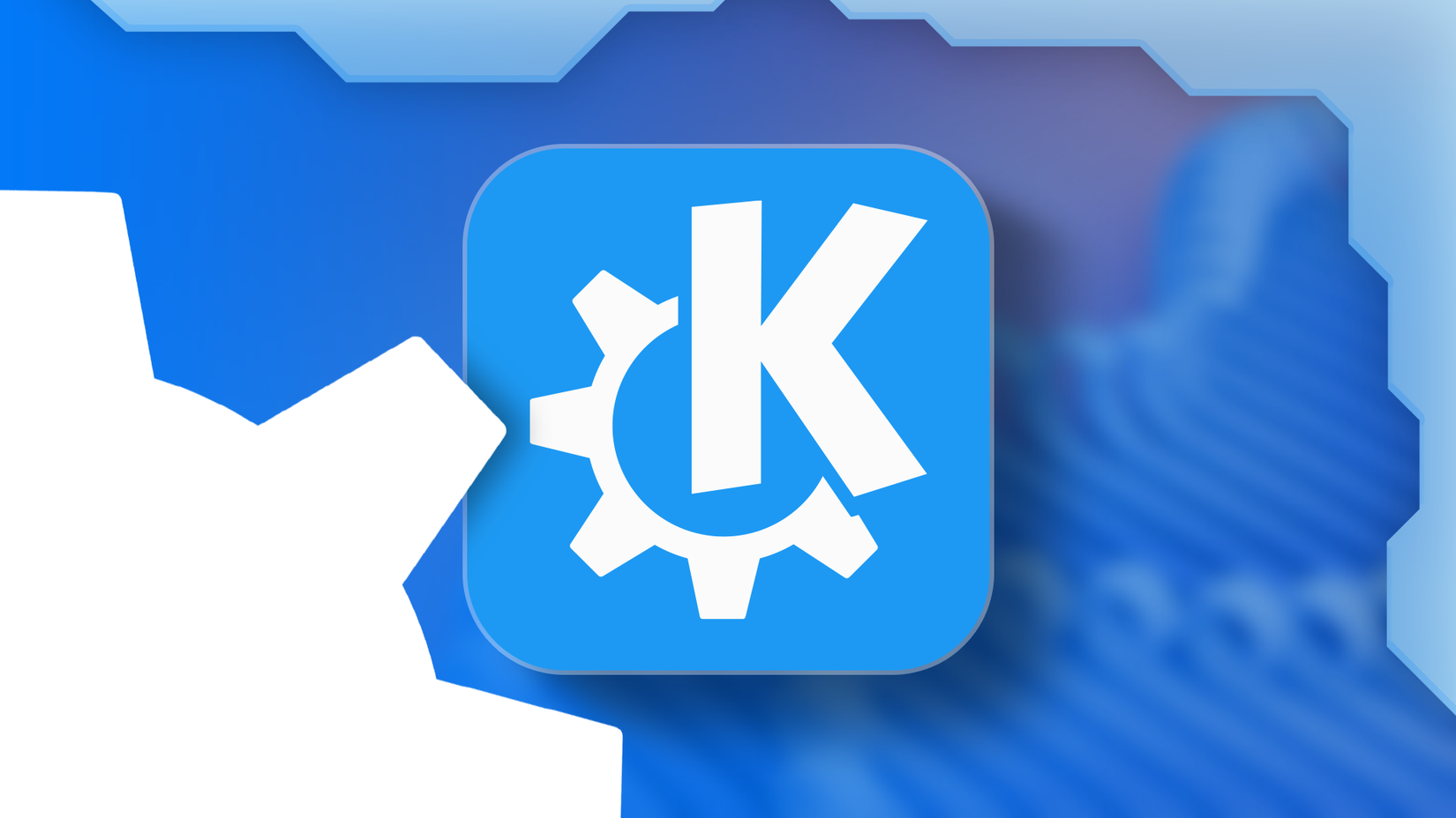 KDE Gear logo on a blue gradient background with tech-style shapes and a large white gear partially visible on the left side_-1