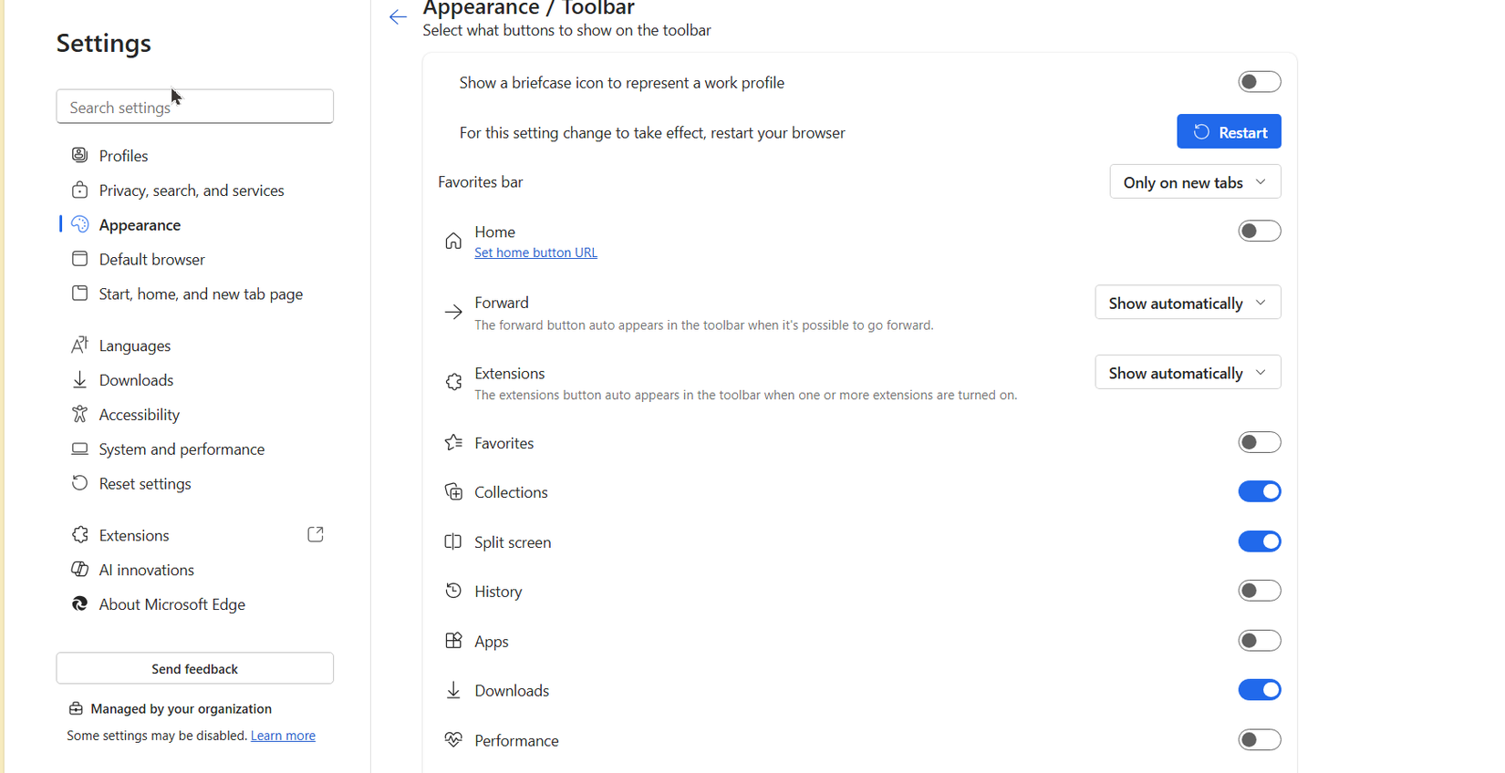 Customizing the toolbar buttons in Microsoft Edge.