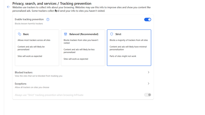 Setting advanced tracking protection on Microsoft Edge.