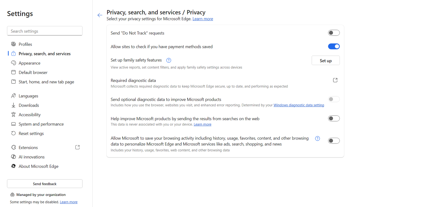 Tweaking privacy settings in Microsoft Edge.