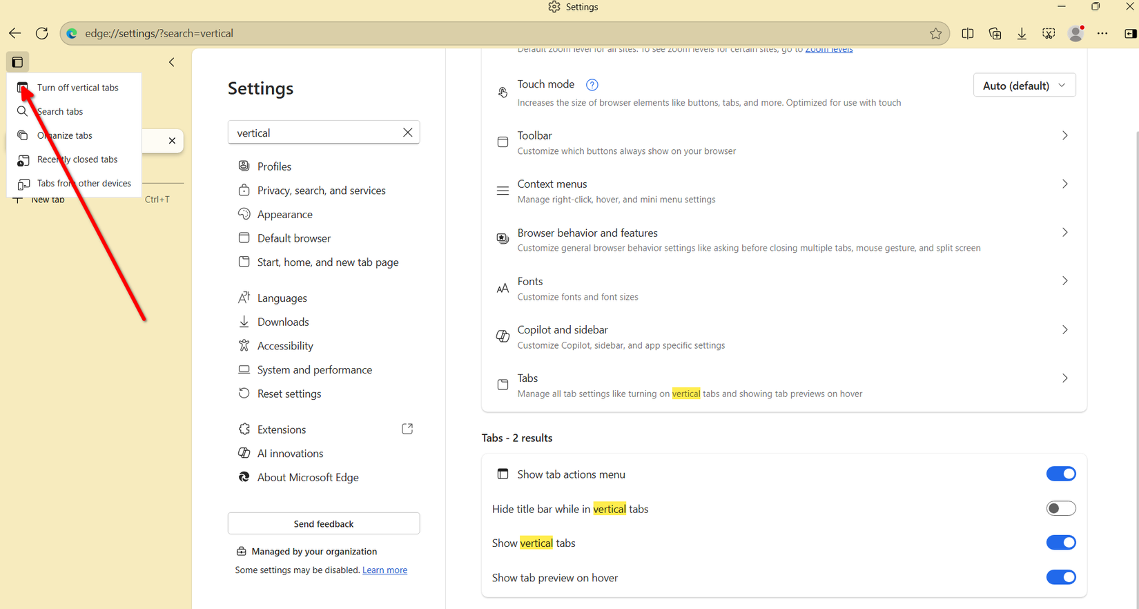Changing tab orientation on Microsoft Edge.