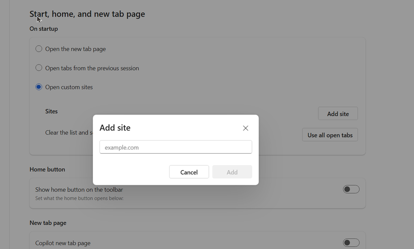 Customizing the new tab page on Microsoft Edge.
