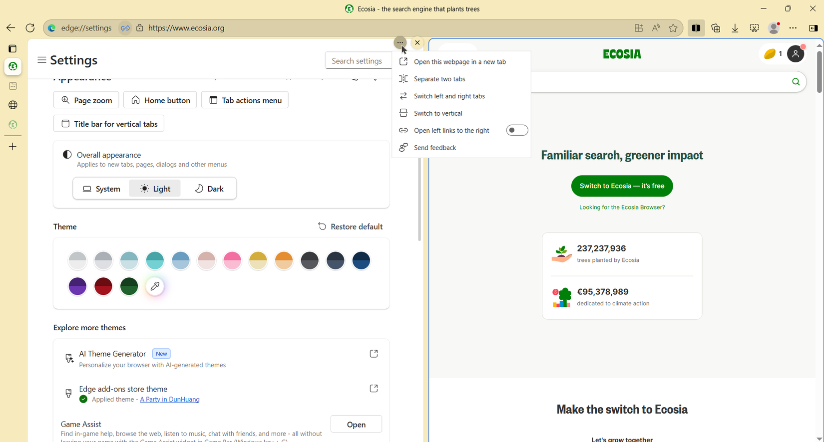 Using the split-view tab feature in Microsoft Edge.