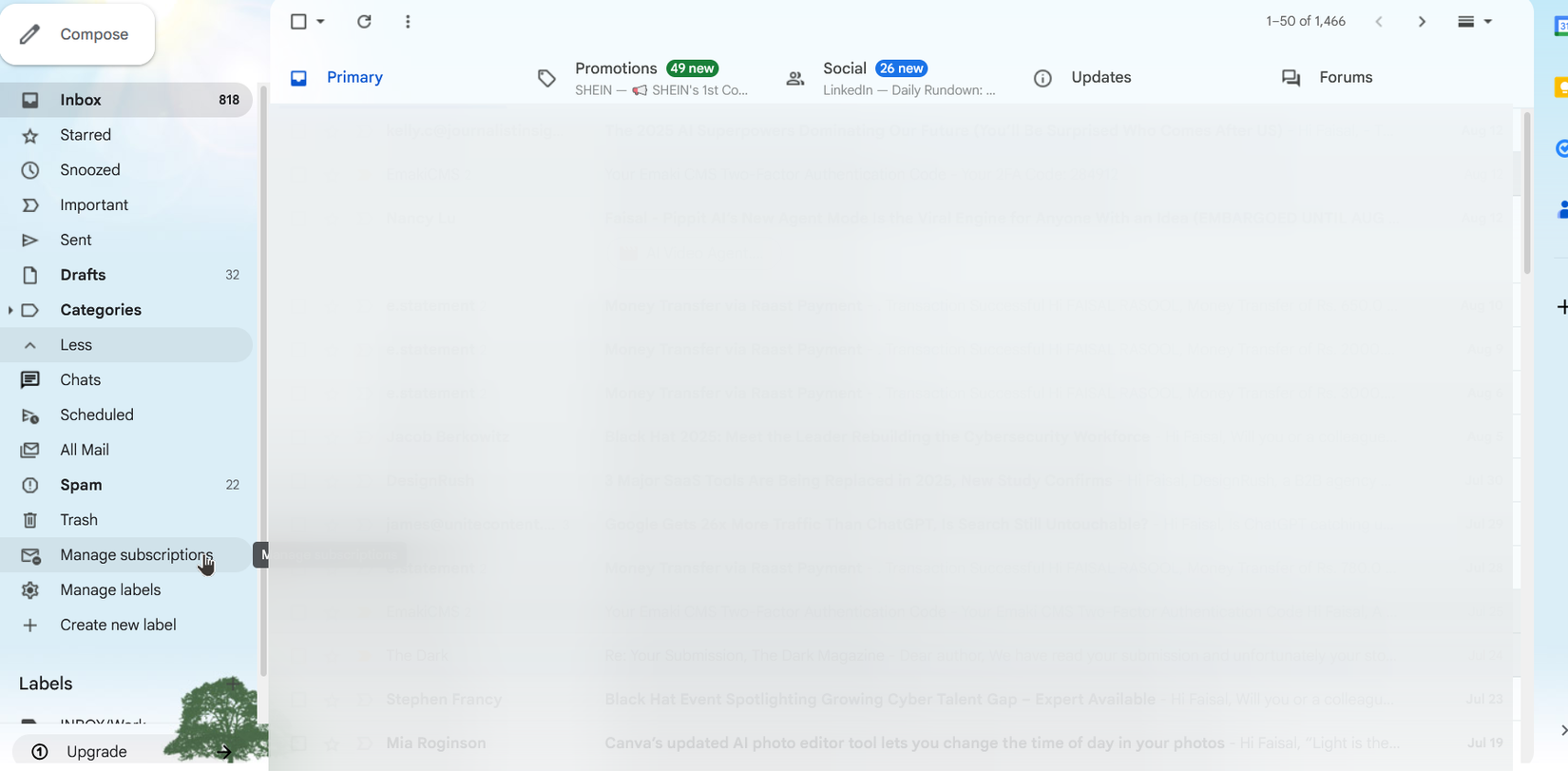 Opening the new subscriptions feature in Gmail desktop.