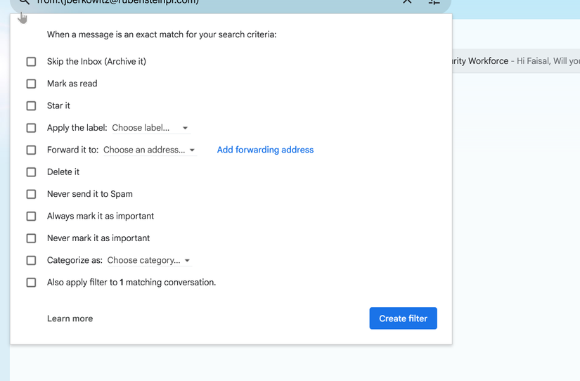 Creating rules for automation in Gmail filters.