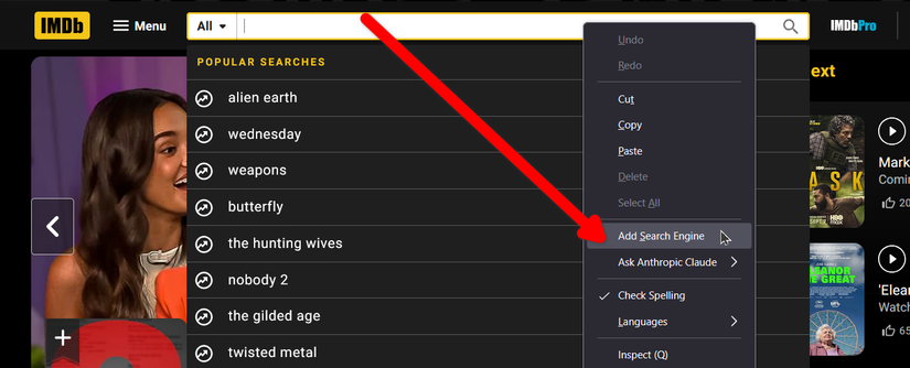 Creating a new shortcut for a search engine in Firefox.