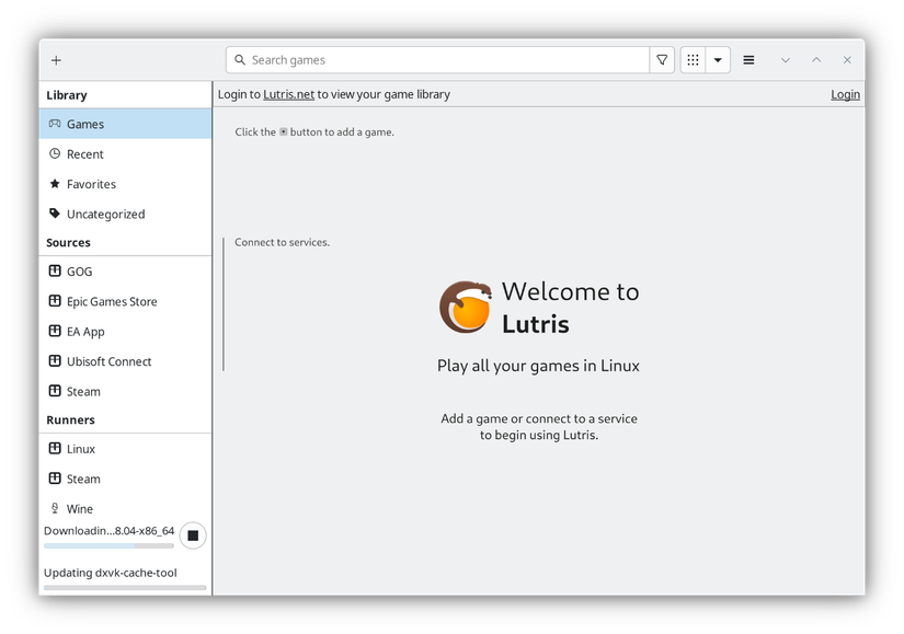 Lutris instalado no Kubuntu.