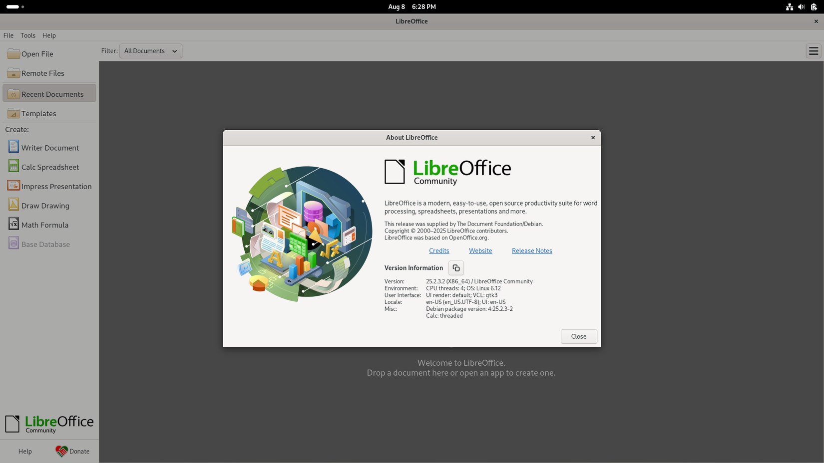 LibreOffice 25 sobre diálogo no Debian 13.