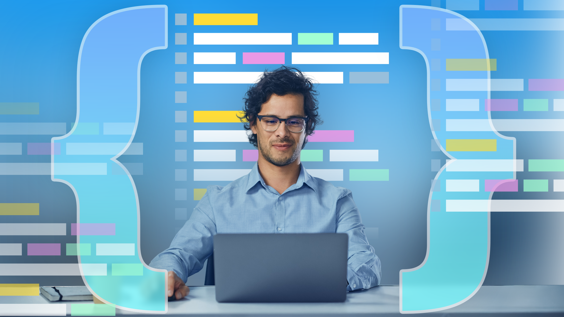 Man working on a laptop with large curly braces on each side and colorful lines of code in the background.
