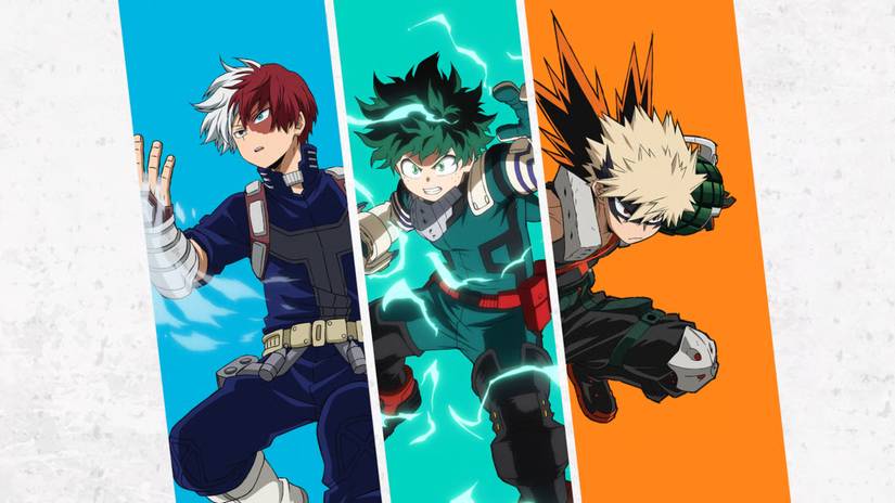 Promotional art featuring Todoroki, Deku, and Bakugo from My Hero Academia.