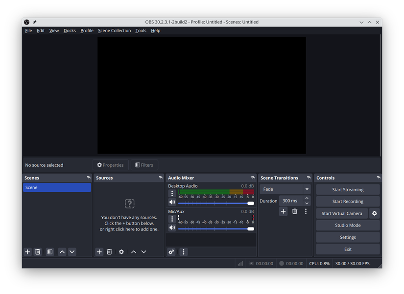 The main OBS screen.