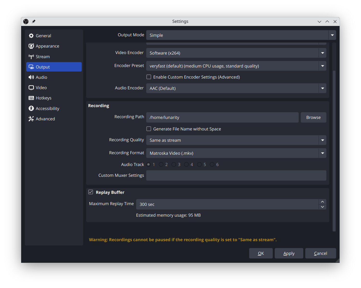 The OBS replay and recording settings.