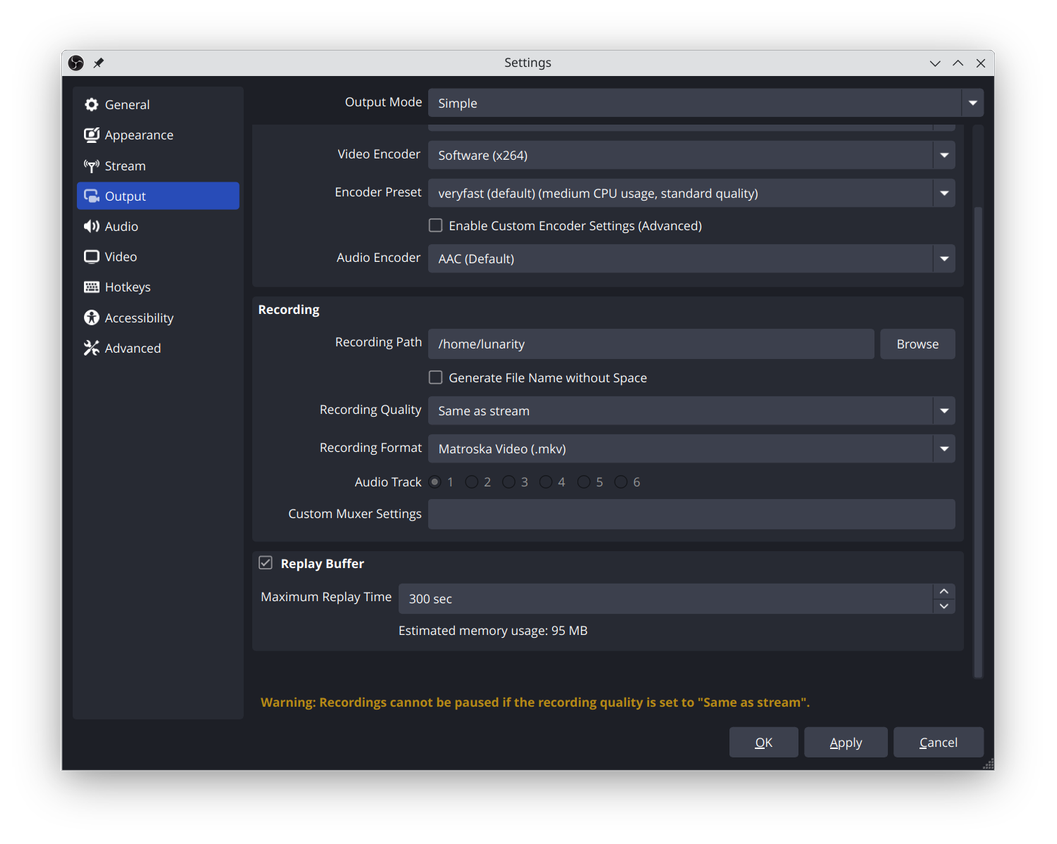 The OBS replay and recording settings.