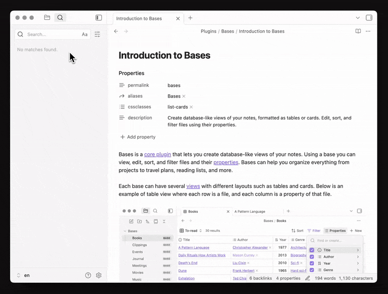 Obsidian mostrando resultados de pesquisa rápidos conforme uma pessoa digita.