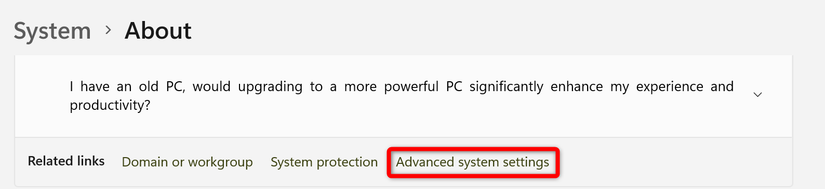 Opening the Advanced system settings from the Windows Settings app.