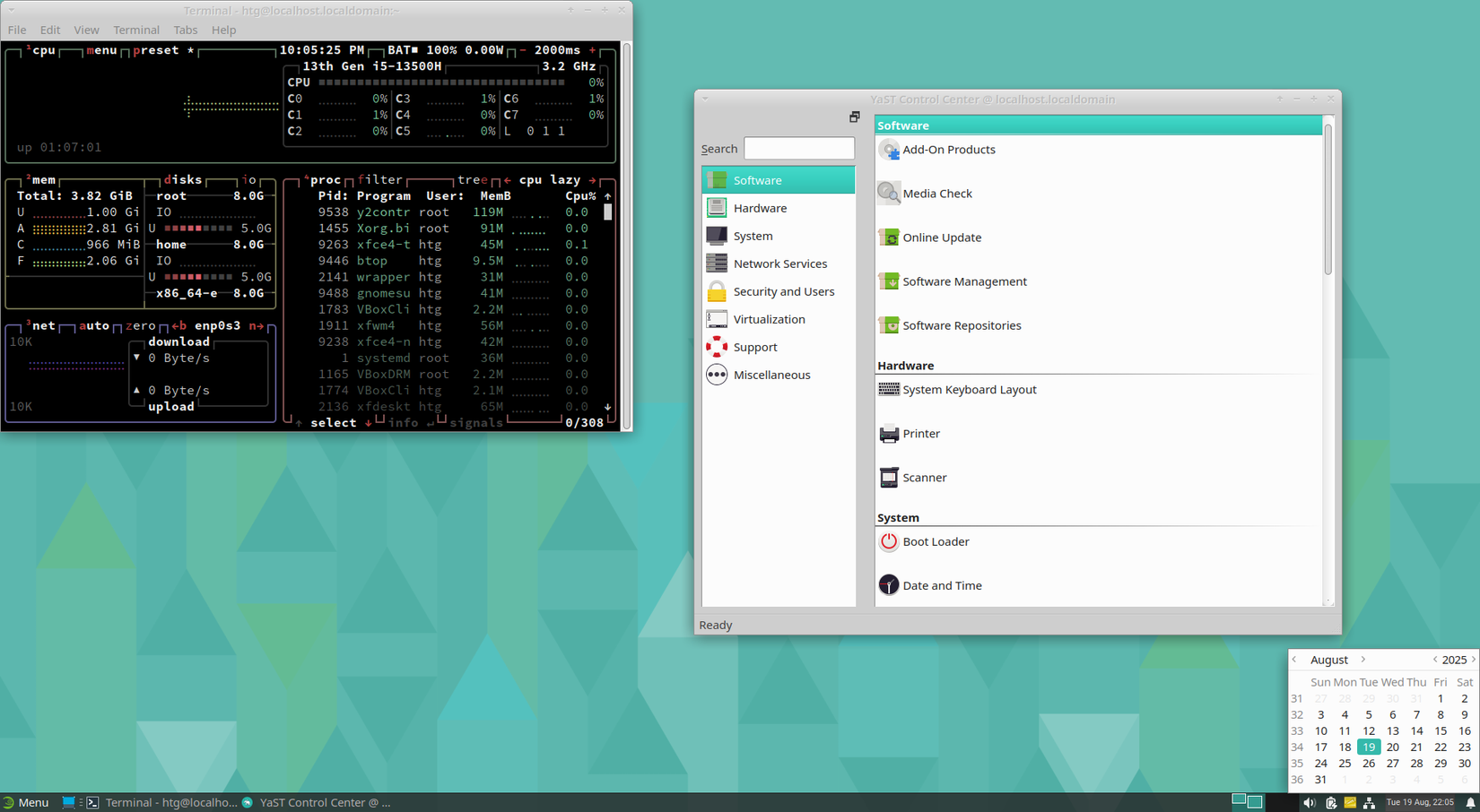 openSUSE with the Xfce desktop and btop, YaST, and the calendar widget open.
