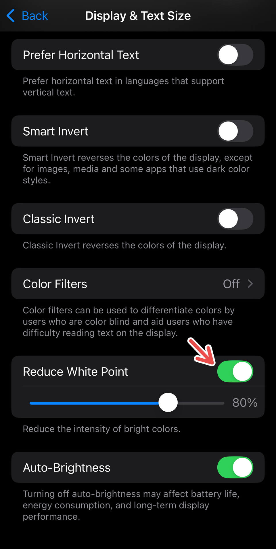 Toggling the Reduce White Point setting on iPhone.