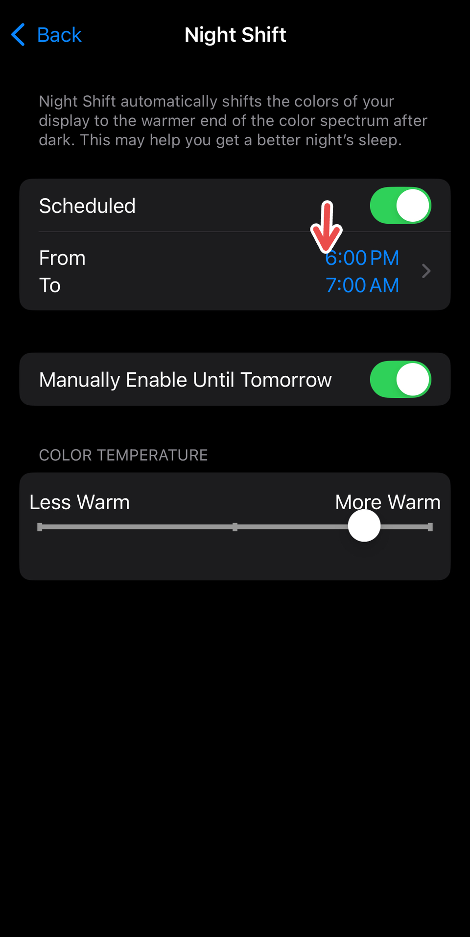 Enabling Night Shift on iPhone.