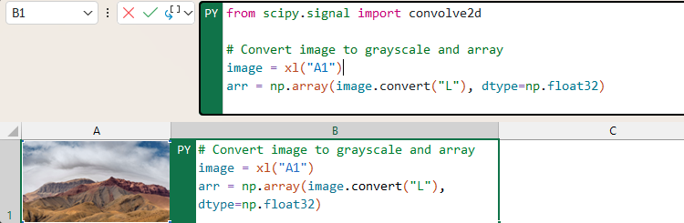 Part of a Python code in Excel that analyses whether an image is sharp or blurry.