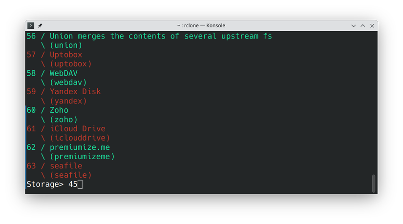 Selecionando o Proton Drive na lista de serviços em nuvem suportados.