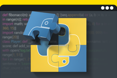 Puzzle pieces forming the Python logo over a blurred background of Python code.