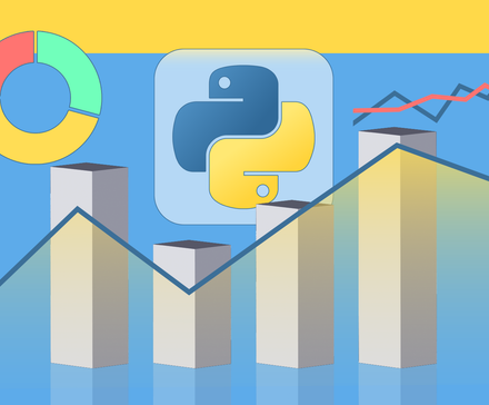 Stylized illustration featuring the Python logo surrounded by bar charts, a pie chart, and line graphs.