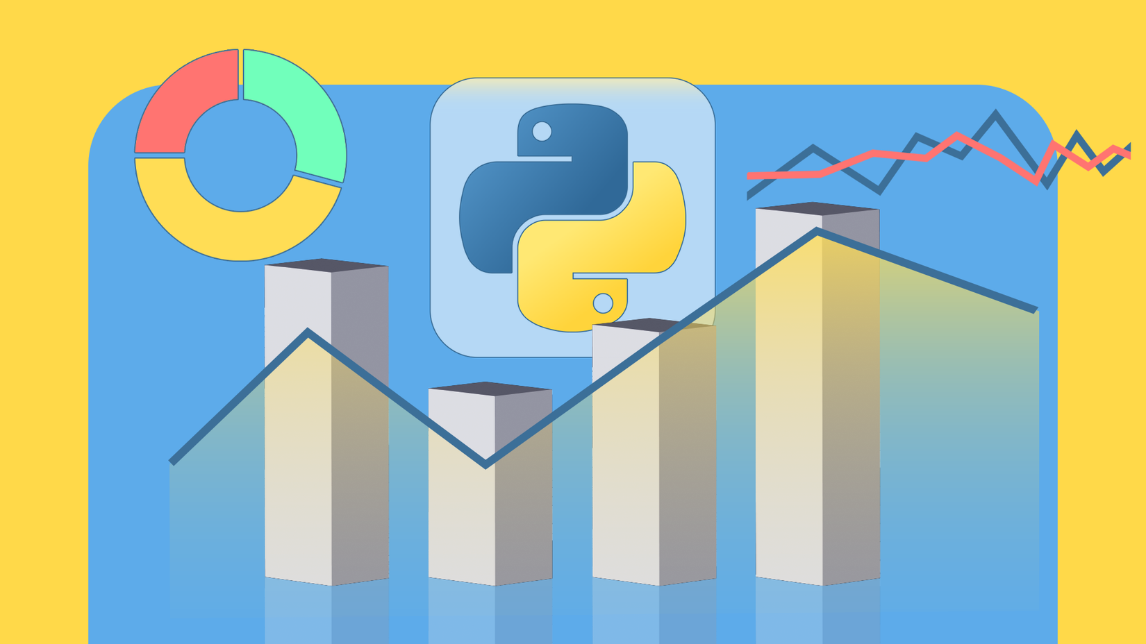 Image 25: Minh họa cách điệu có logo Python được bao quanh bởi biểu đồ cột, biểu đồ tròn và biểu đồ đường.